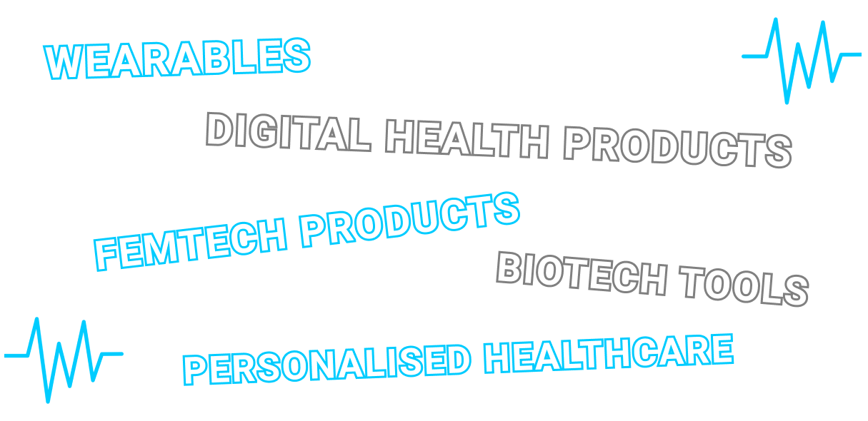 Illustrated words: wearables, digital health products, femtech products, biotech tools, personalised healthcare