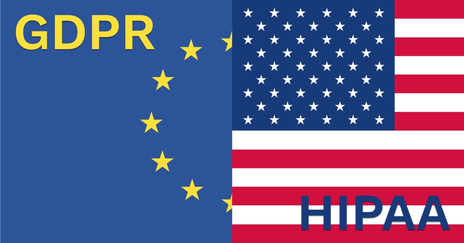 GDPR and HIPAA Letters “GDPR” on top of the European Union flag and “HIPAA” on top of the U.S. flag